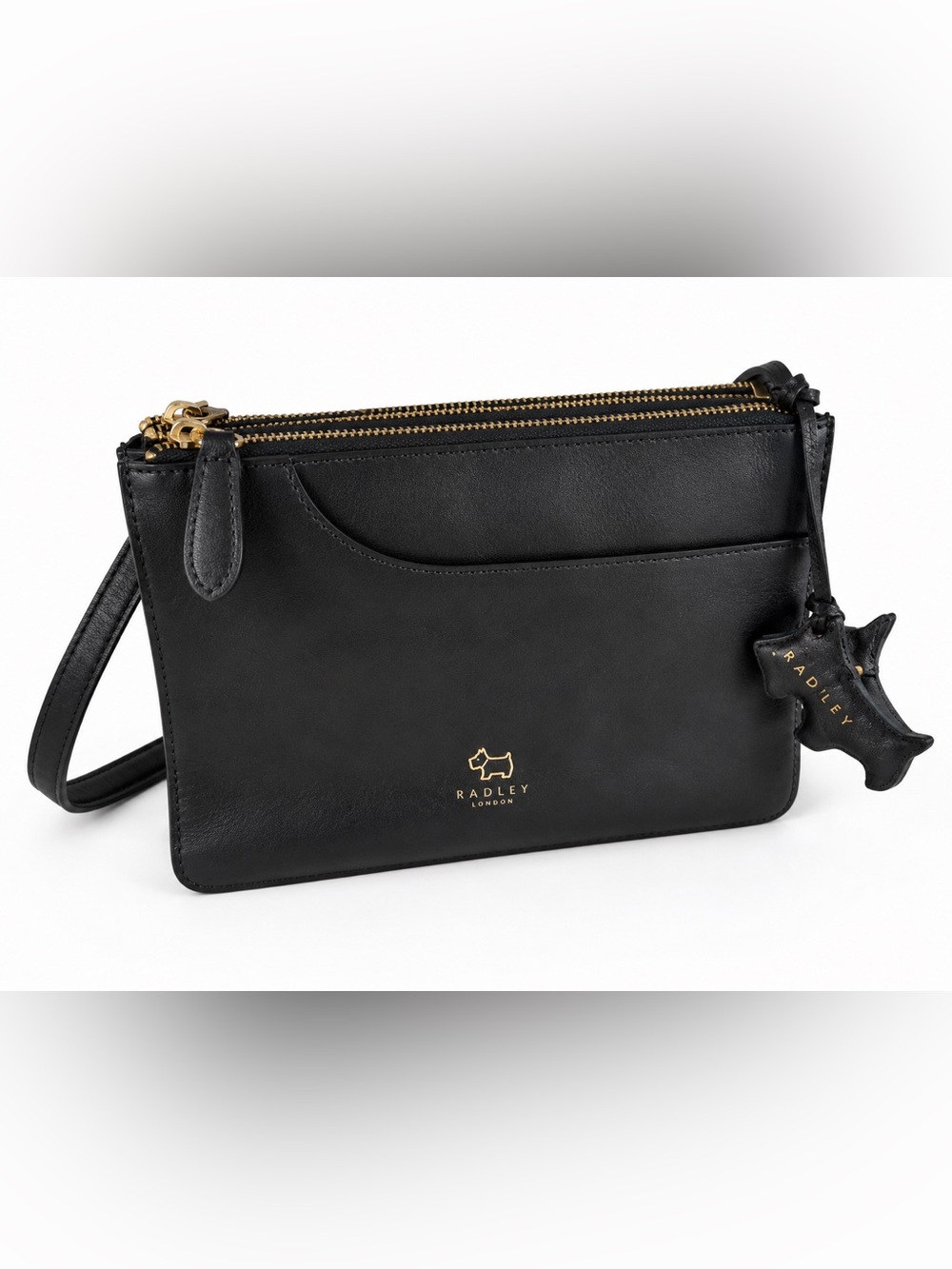 RADLEY London Black Leather Double Zip Crossbody Bag Scottie Dog Charm Vintage